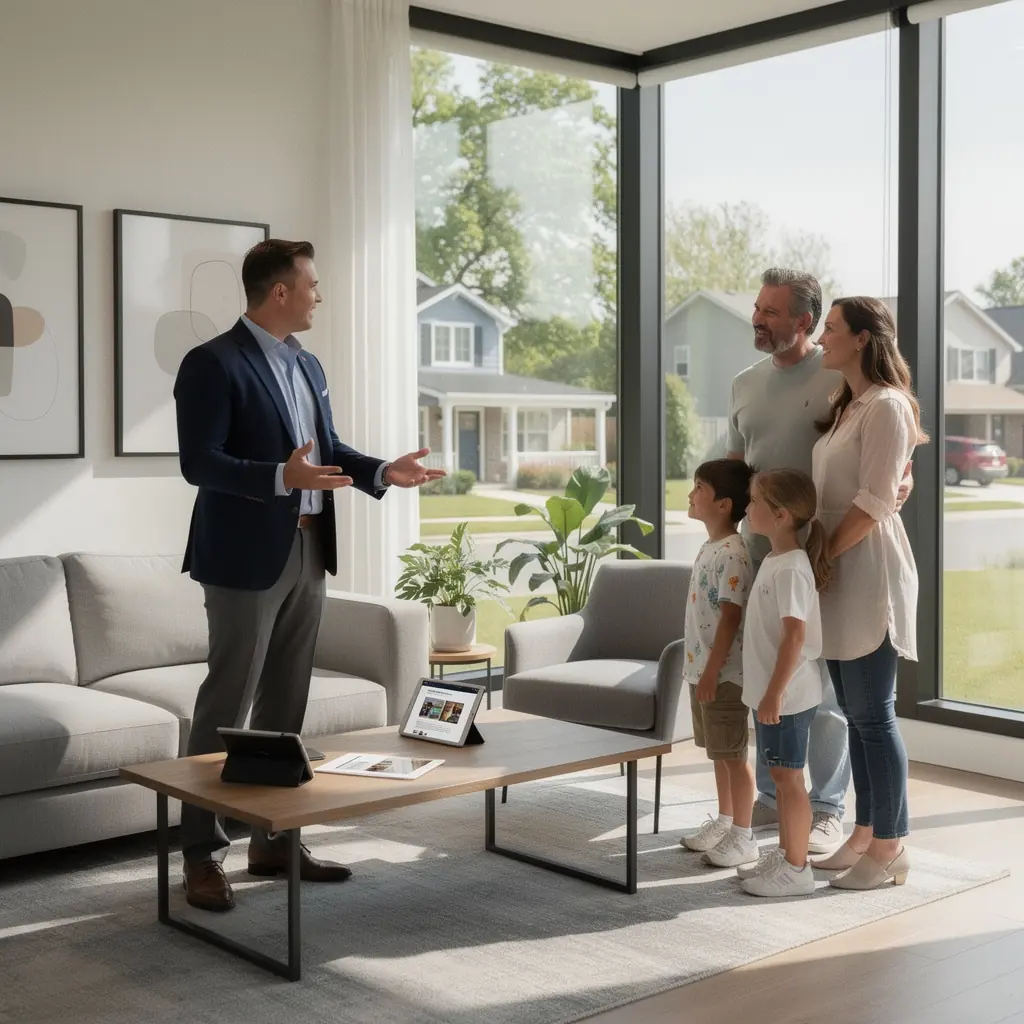 Светлая гостиная с большим окном и уютной мебелью.