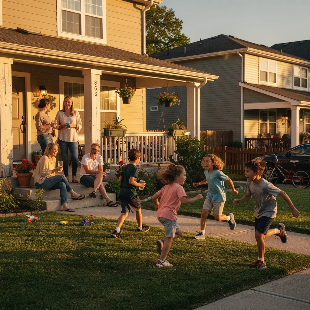 Семейный дом с ухоженным двором в пригороде США.